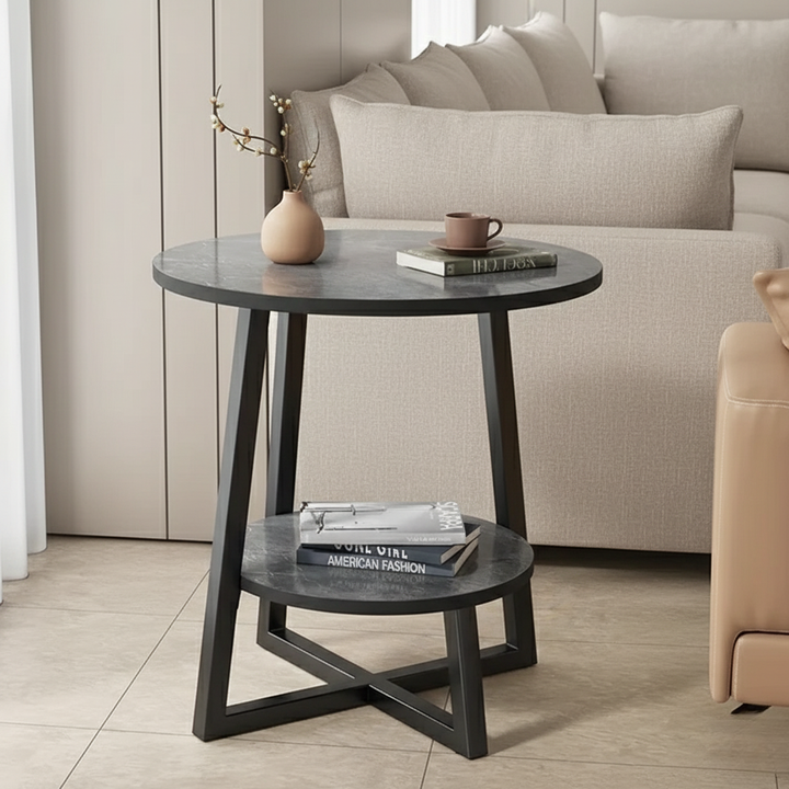 Mesa auxiliar para exterior, estilo minimalista, redonda y compacta, perfecta para patios o balcones.