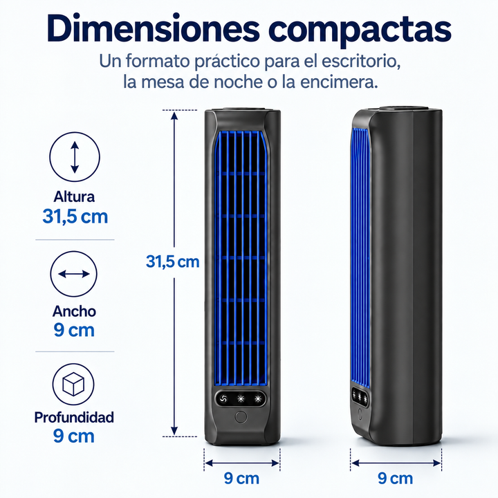 Ventilador de torre recargable, inalámbrico, para uso personal en hogar, oficina o viaje.