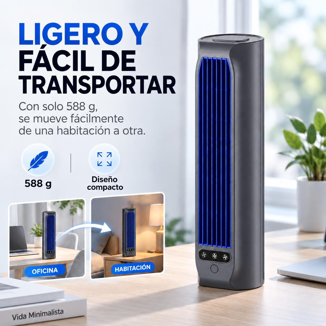 Ventilador de torre personal, recargable, para verano; disfruta de aire fresco en casa u oficina.