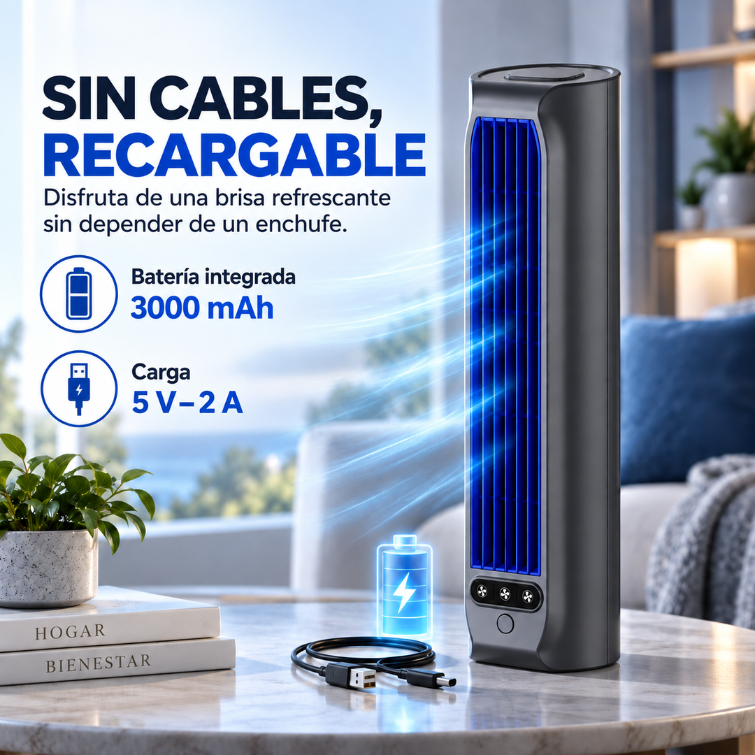 Ventilador de torre compacto, portátil para escritorio, ofrece refrigeración personal eficiente.