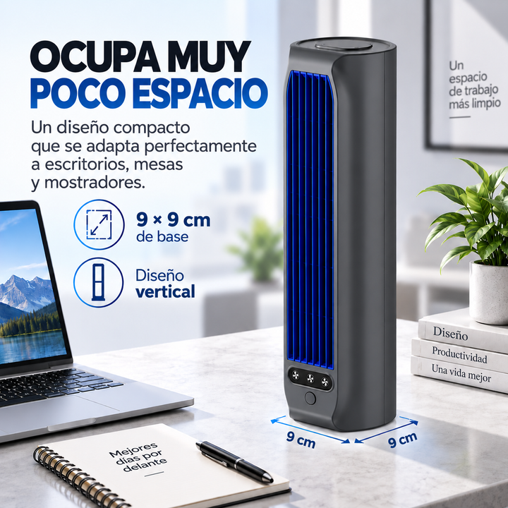 Ventilador de torre compacto y portátil, proporciona refrigeración personal en tu escritorio.