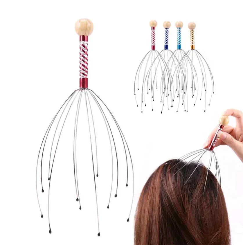 Masajeador manual portátil para cabeza y cuero cabelludo, estimula circulación, mejora bienestar y descanso.
