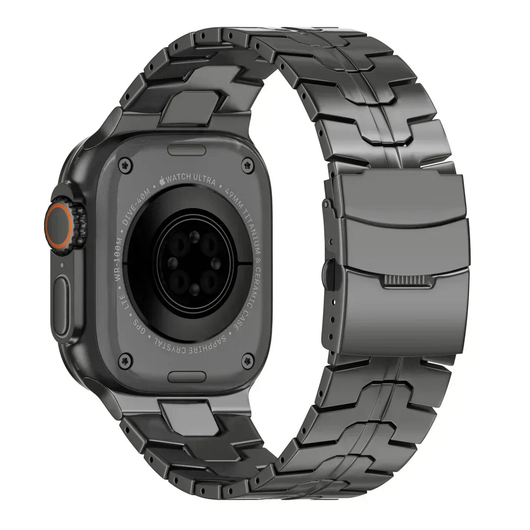 Primer plano de correa de titanio para reloj inteligente, textura metálica elegante y ligera.