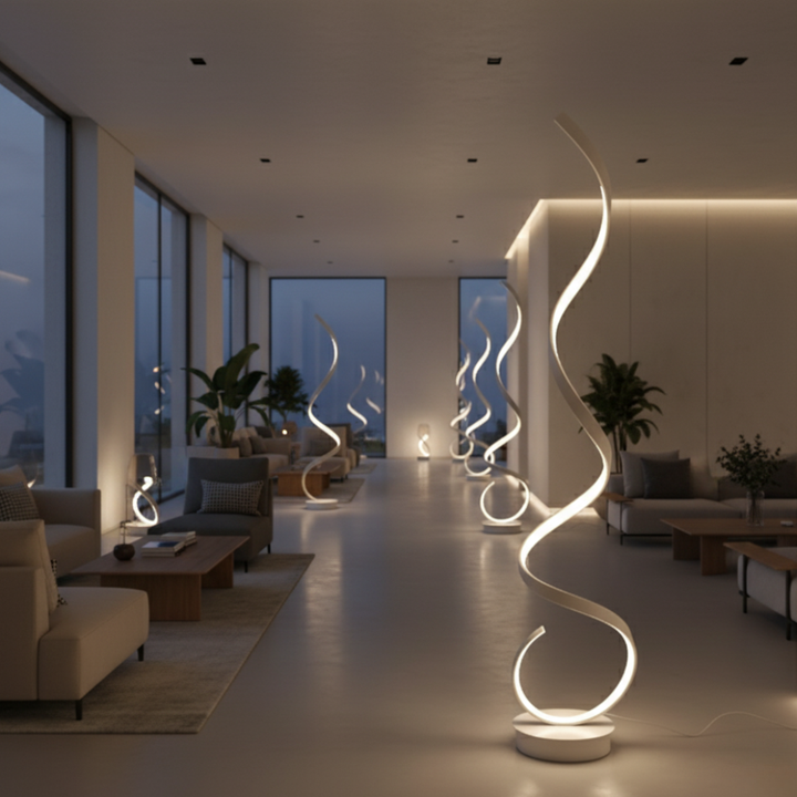 Lámpara de pie LED regulable, diseño espiral elegante para sala de estar moderna.