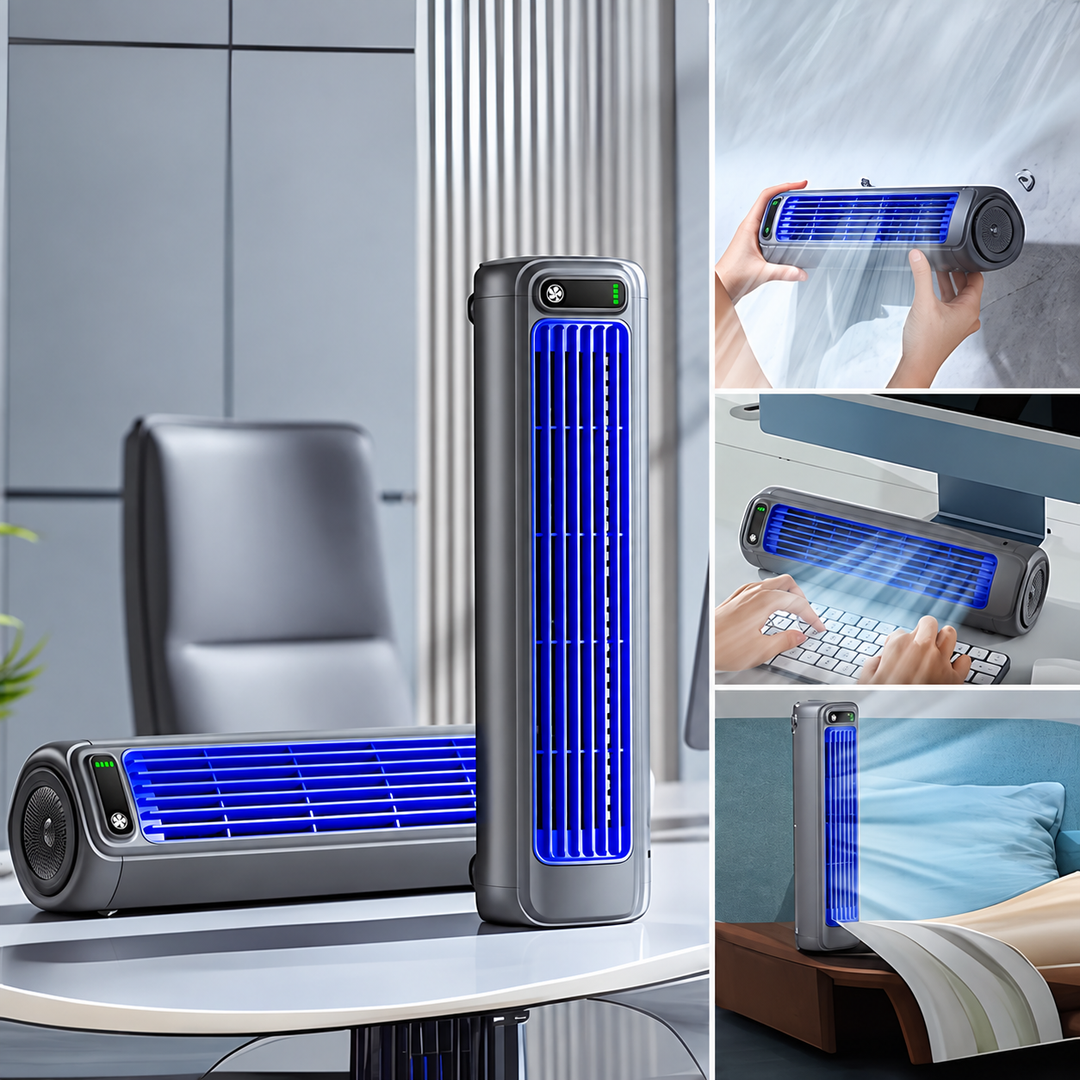 Ventilador de torre portátil, personal, recargable; ideal para oficina, hogar y escritorio.
