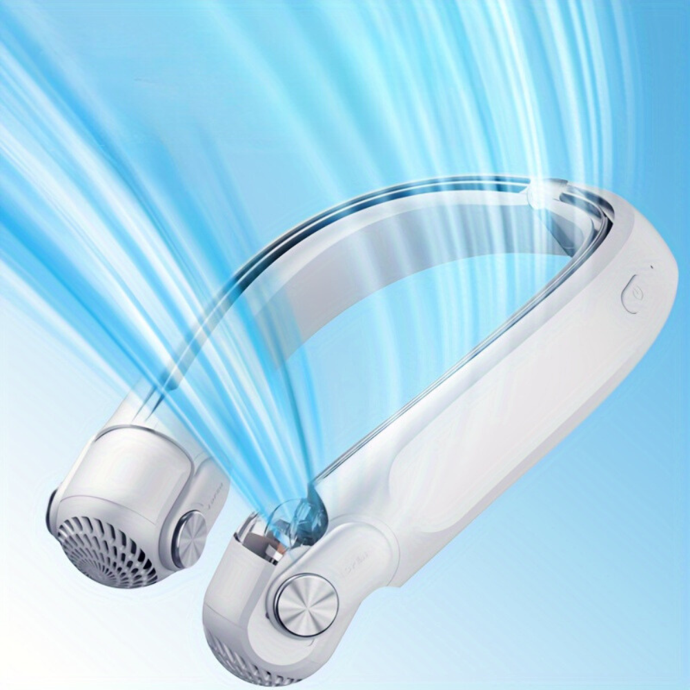 Ventilador de cuello compacto recargable para viaje, frescura personal sin aspas en cualquier verano.