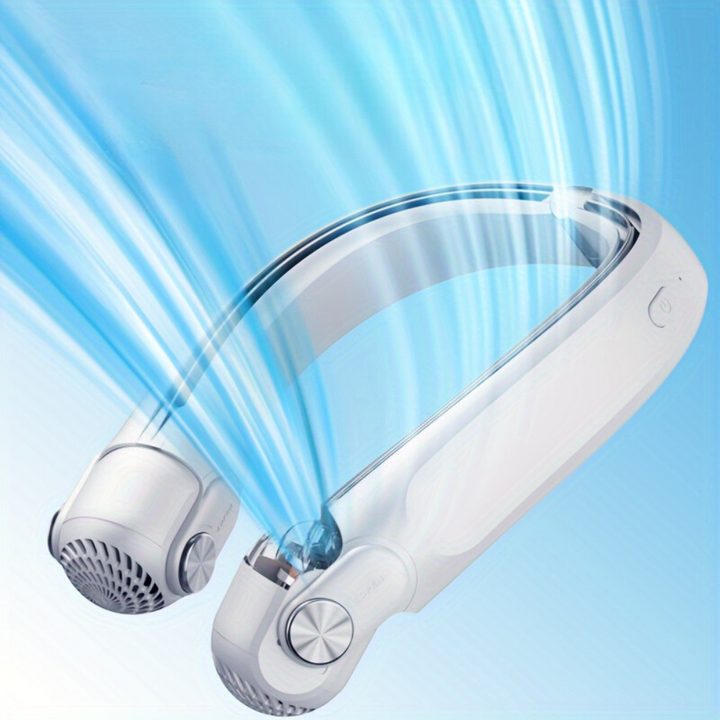 Ventilador de cuello compacto recargable para viaje, frescura personal sin aspas en cualquier verano.