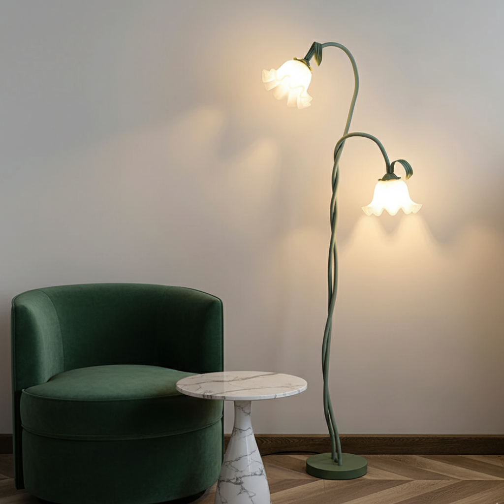 Lámpara de pie de diseño contemporáneo verde mate. Luz ambiental perfecta para sala de estar.