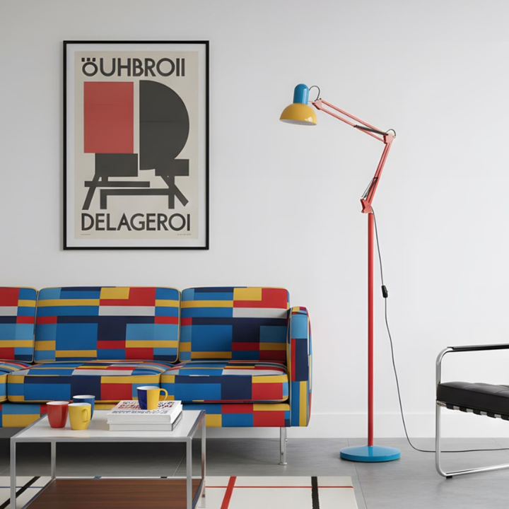 Lámpara de pie con diseño Memphis, ajustable y colorida, ideal para espacios modernos.