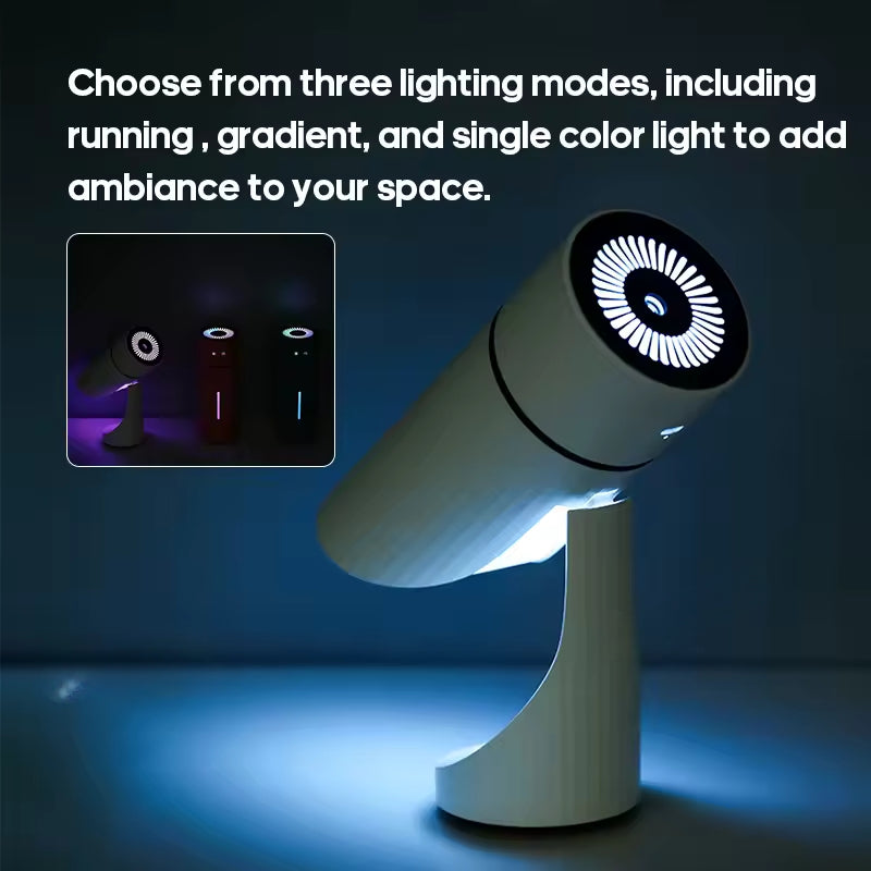 Humidificador ultrasónico recargable con nanoniebla para hidratación, luz LED ambiental y difusor portátil.