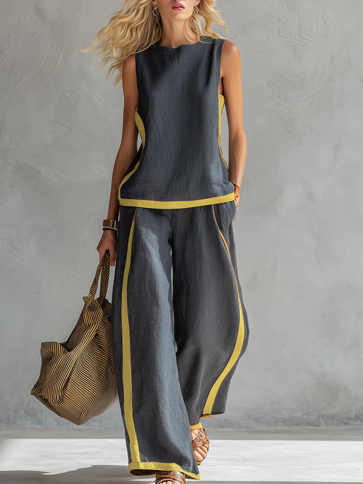 Conjunto versátil de dos piezas para mujer: chaleco y pantalones de lino y algodón, estilo casual-chic.