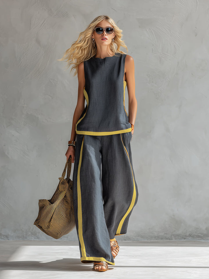 Conjunto casual de chaleco y pantalones de lino y algodón para mujer, ideal primavera-verano.