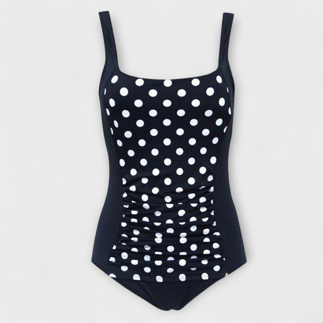 Bañador de mujer elegante, diseño de una pieza con escote cuadrado y fruncido lateral. Perfecto para verano en playa o piscina.