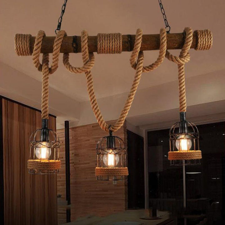 Decoración interior: Lámpara colgante retro con diseño de madera y metal, perfecta para ambientes cálidos.