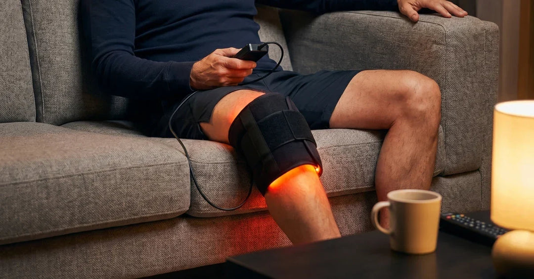 Rodillera de terapia de luz roja e infrarroja para alivio rápido del dolor de rodilla y soporte articular.