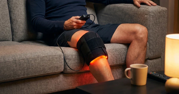 Rodillera de terapia de luz roja e infrarroja para alivio rápido del dolor de rodilla y soporte articular.