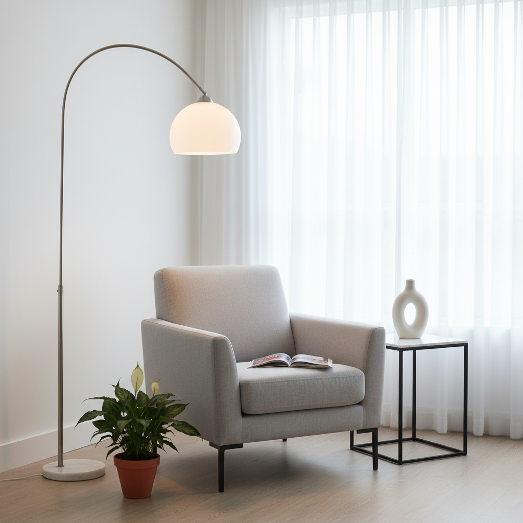 Lámpara de pie arco LED de diseño moderno y estilo contemporáneo, ideal para decoración del hogar.