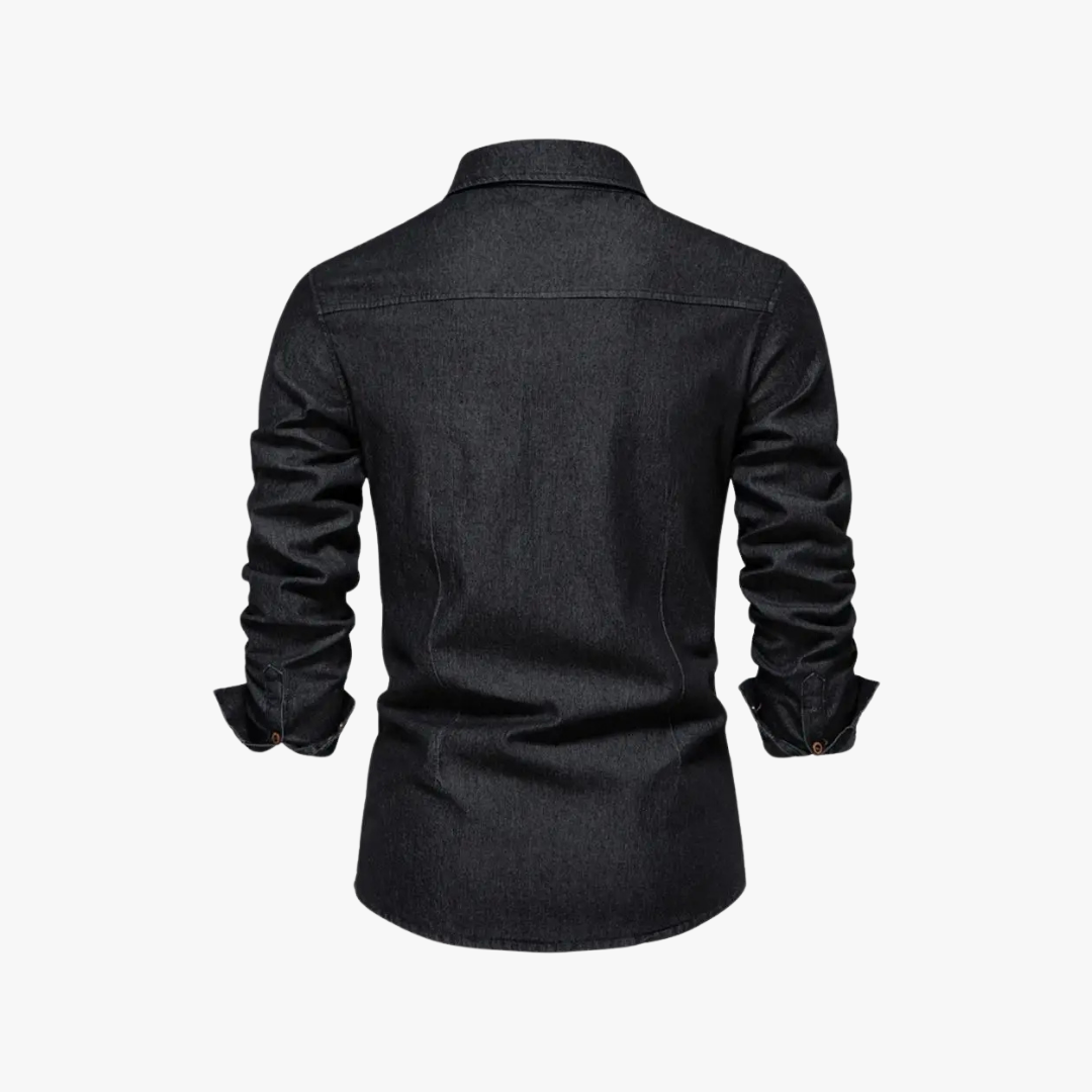 Camisa de hombre denim azul de manga larga, abotonada, para un look casual diario y ropa masculina.