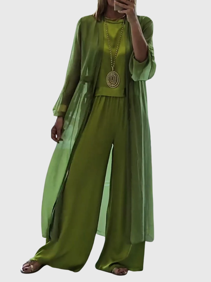 Conjunto elegante de dos piezas para mujer con capa y pantalón ancho fluido. Ideal para primavera/verano, comodidad chic.
