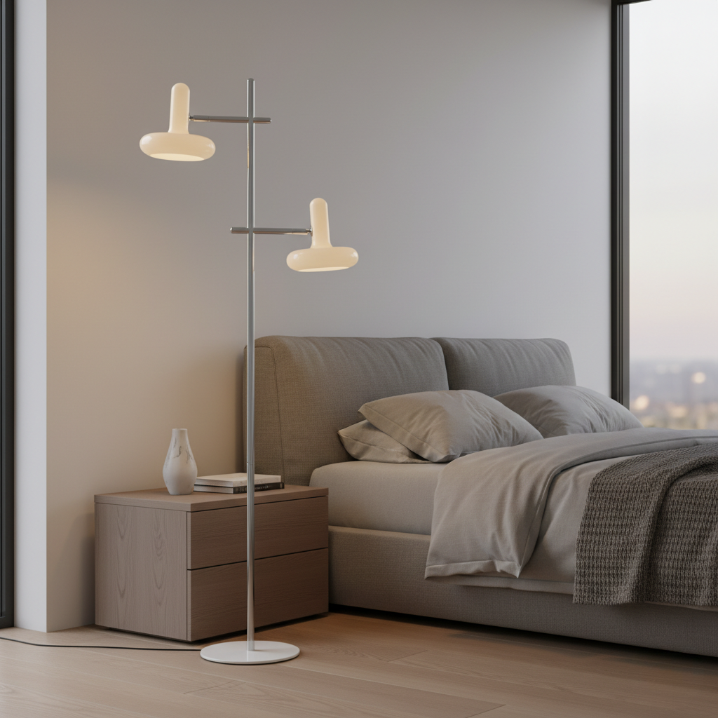 Lámpara de pie elegante con cabezas ajustables y base de vidrio, perfecta para sala de estar.