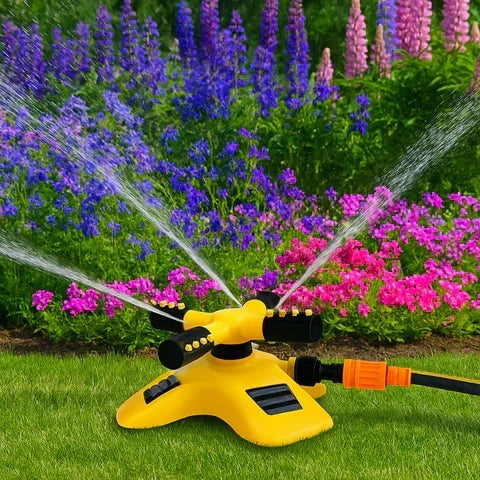 Imagen de aspersor rotativo 360° en acción, regando el césped del jardín de manera uniforme y automática.