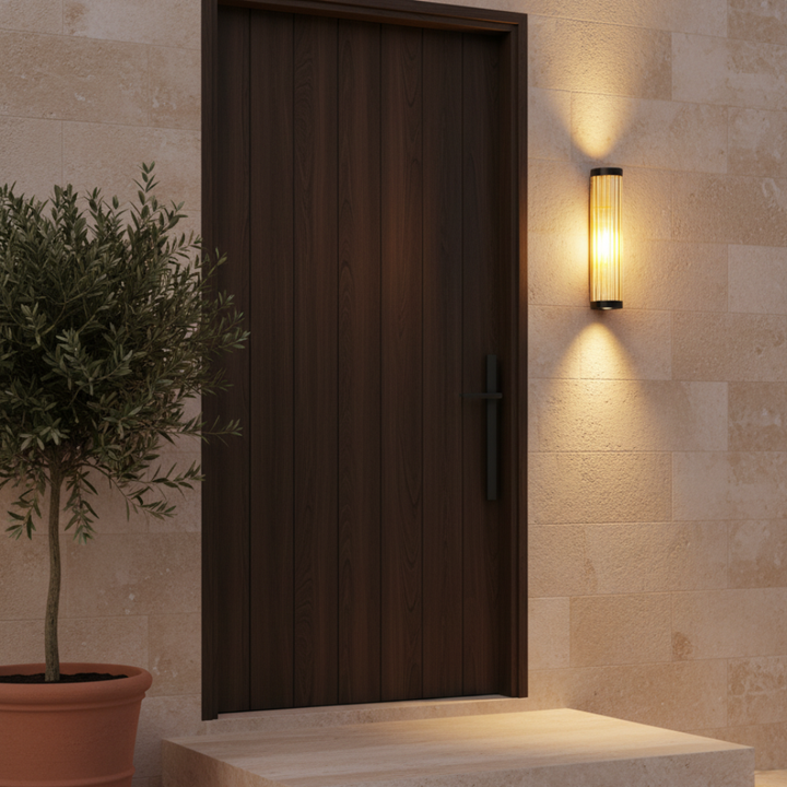 Aplique exterior cilíndrico, vista frontal, mostrando su elegante diseño moderno para fachadas.