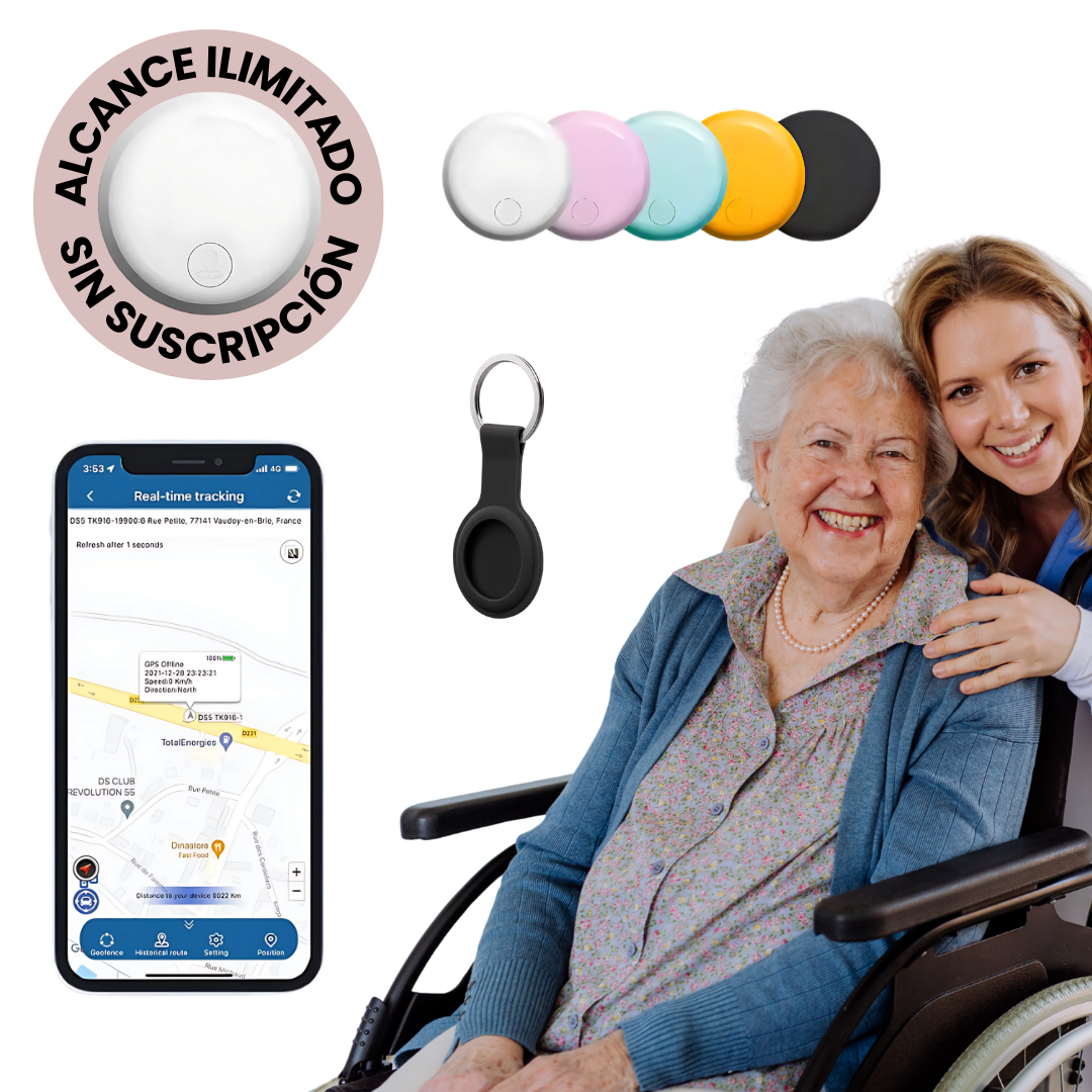 Rastreador GPS portátil para adultos mayores con botón SOS. Seguridad y localización sin cuotas.