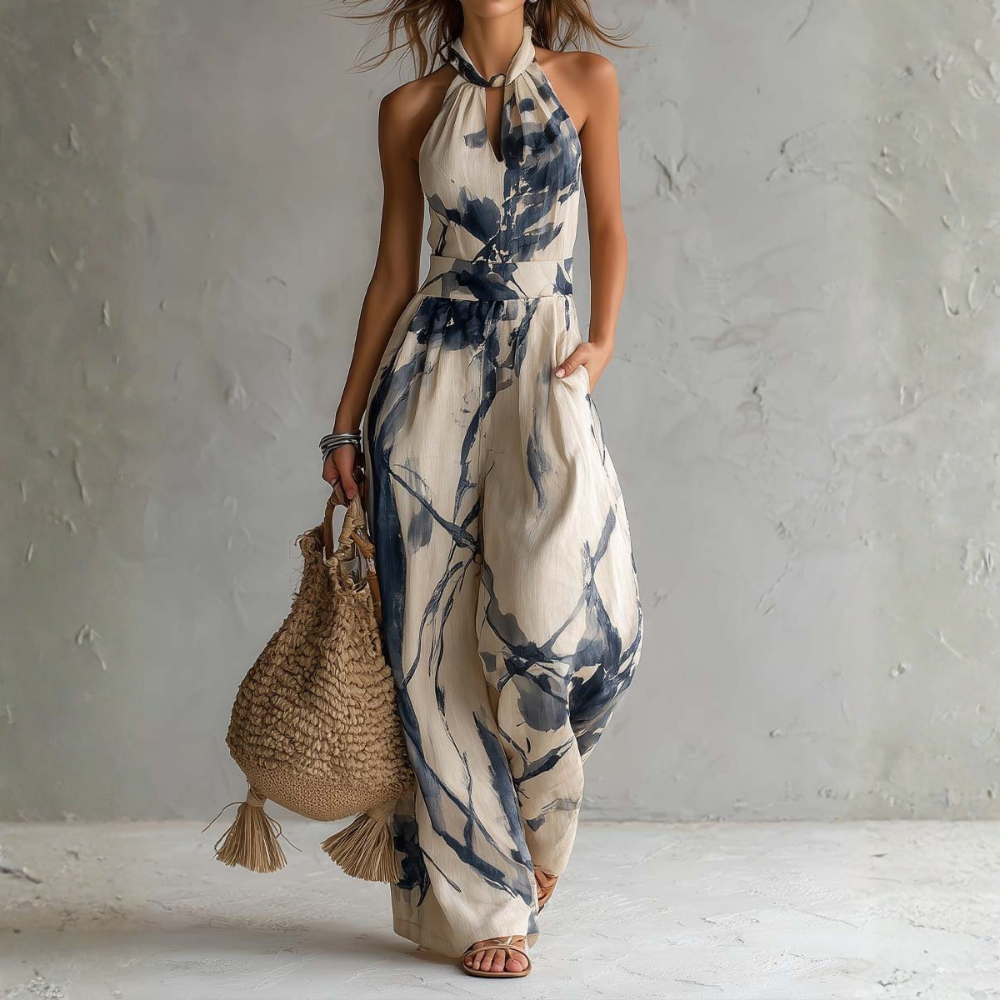 Mono halter cómodo y elegante para mujer. Estampado artístico beige, piernas anchas. Perfecto para eventos de verano.