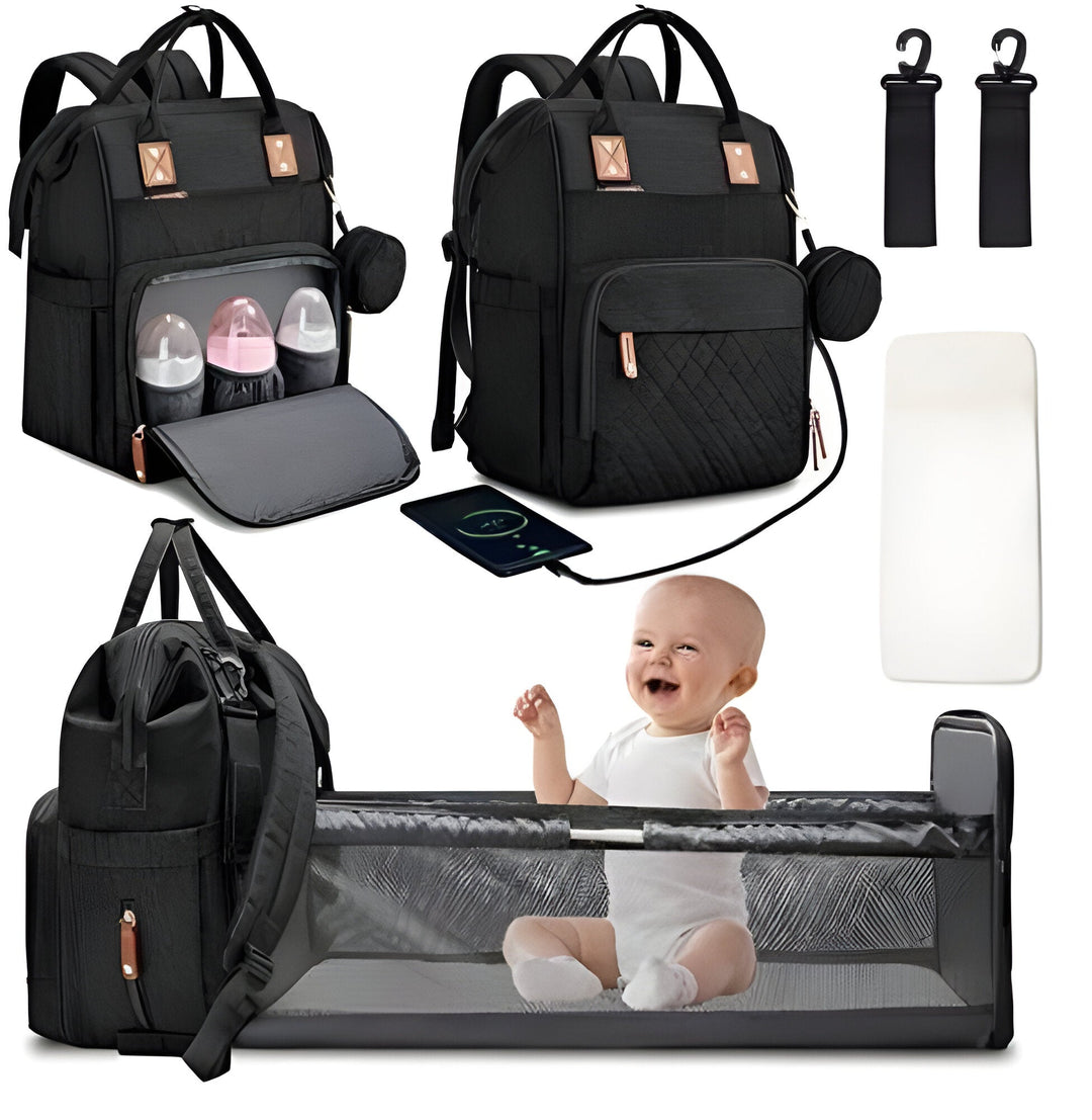 Bolsa de pañales y cuna de viaje 2 en 1, solución práctica para padres, ideal para paseos y maternidad.