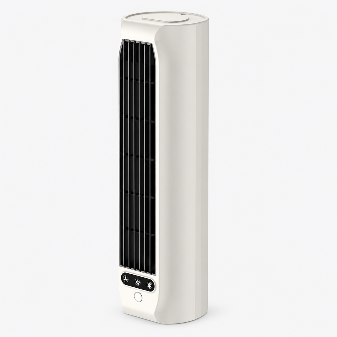 Ventilador de torre recargable, personal, portátil; perfecto para escritorio y espacios pequeños.