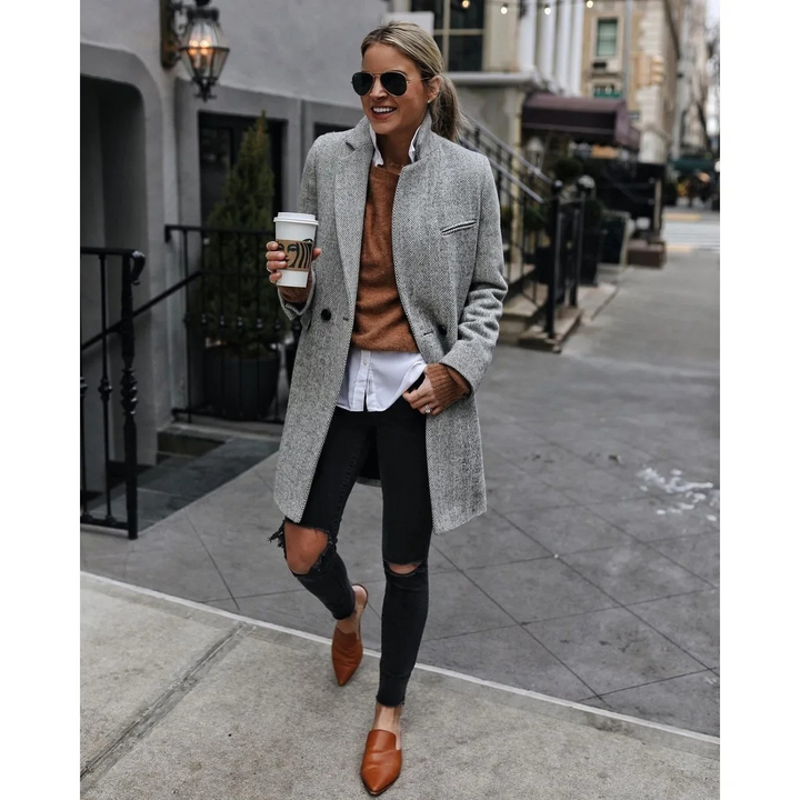 Trench coat de mujer con patrón de espiga, ropa exterior chic para moda de invierno.