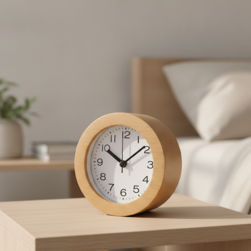 Reloj de mesa analógico, hecho de madera, con alarma y operación silenciosa para un hogar tranquilo.