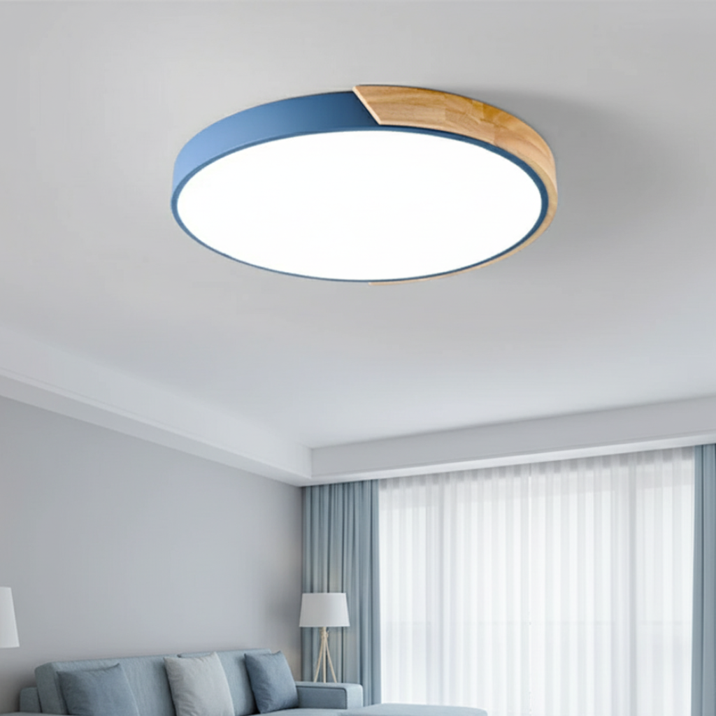 Lámpara de techo empotrada de madera, diseño escandinavo, con luz LED regulable para dormitorio o pasillo. [[lstfy-media:2]]