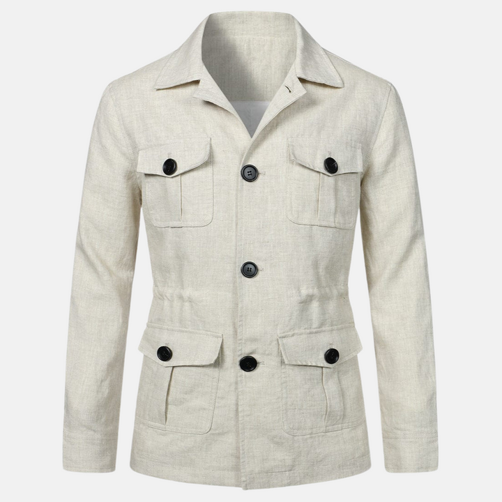Chaqueta clásica hombre, tejido resistente, botones y bolsillos. Prenda exterior masculina para uso diario.