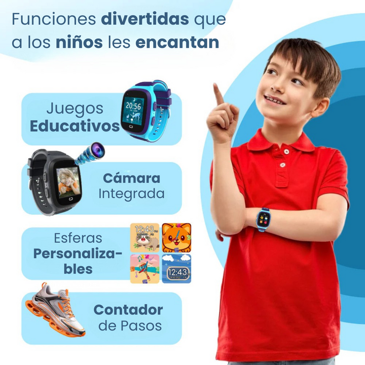 Rastreador GPS infantil 4G, con llamadas, historial de rutas y botón de pánico SOS.