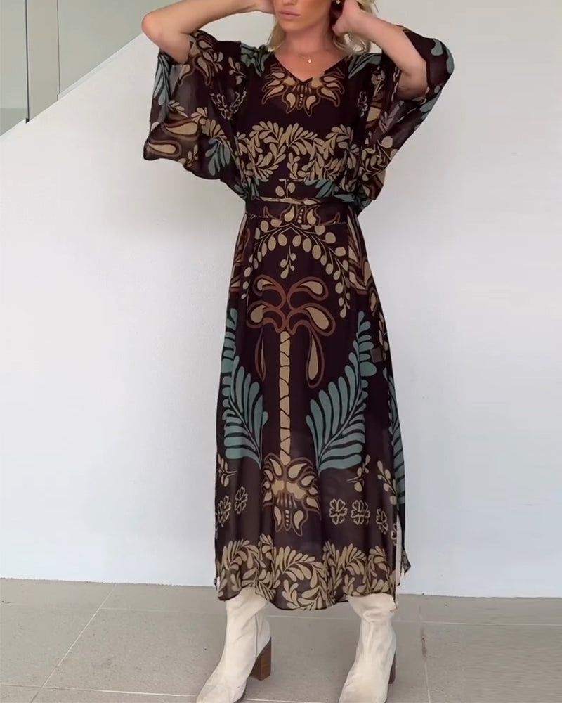 Vestido largo bohemio para mujer, ideal para verano y primavera, con estampado de hojas.