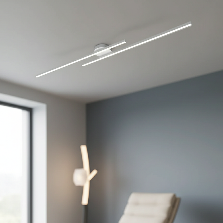 Lámpara de techo LED lineal. Diseño arquitectónico contemporáneo, luz regulable. Decoración hogar.