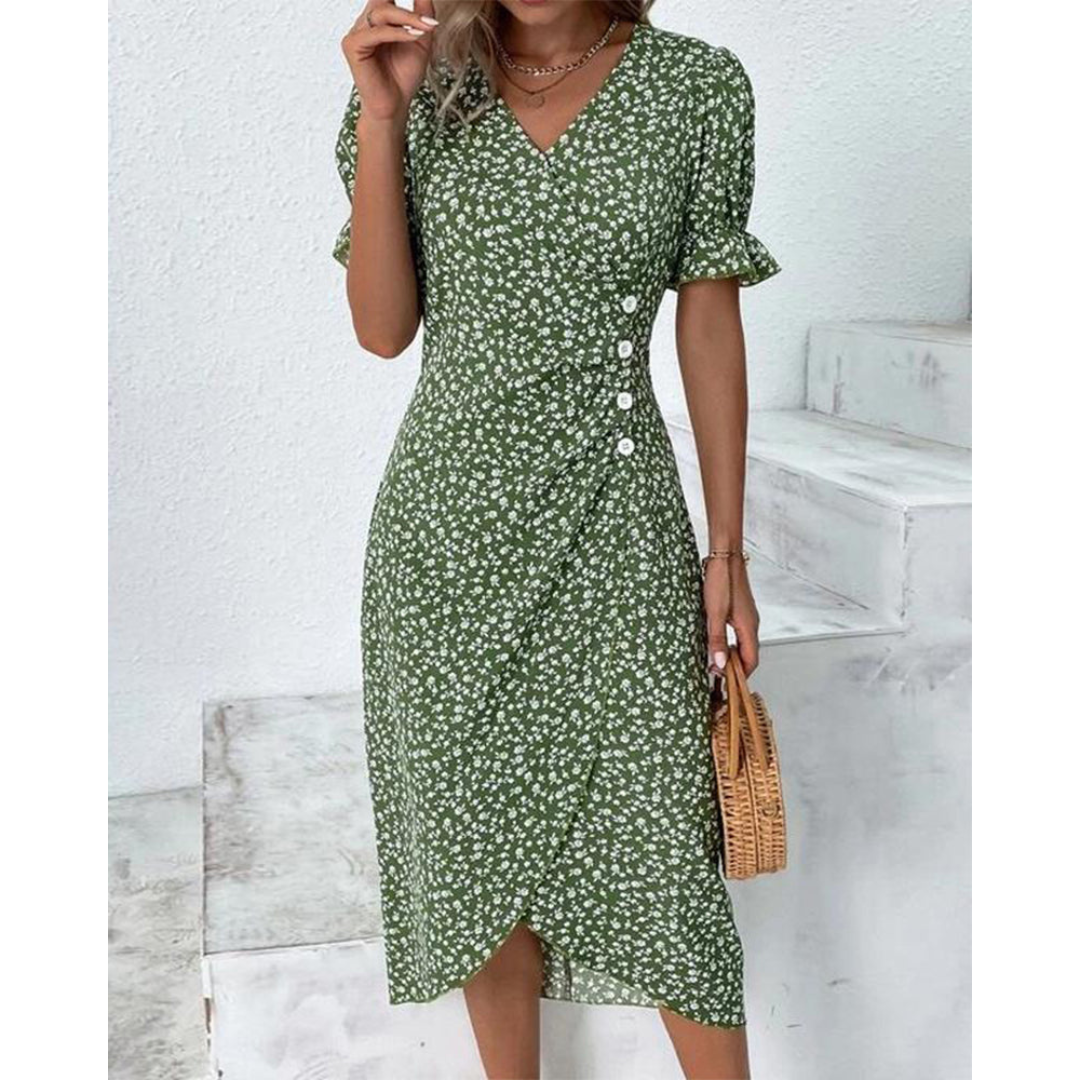Vestido cruzado elegante para mujer con escote en V y lazo en cintura. Moda femenina versátil.