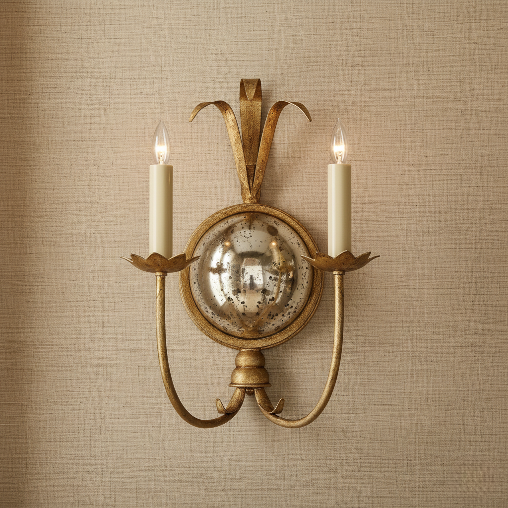 Aplique decorativo de pared en latón antiguo con espejo. Luz estilo vela, ambiente cálido.