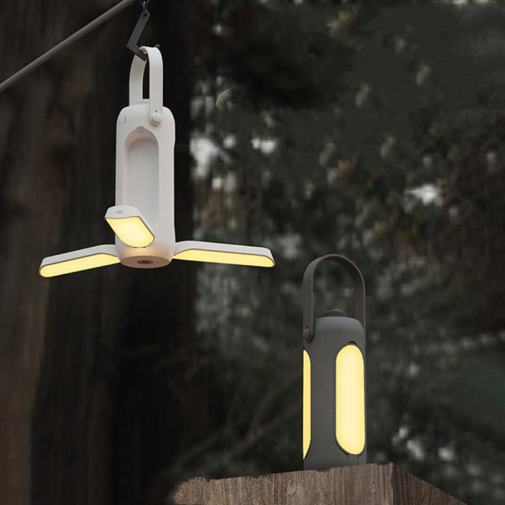Lámpara de mesa portátil recargable para patio o balcón, iluminación LED cálida y de ambiente.