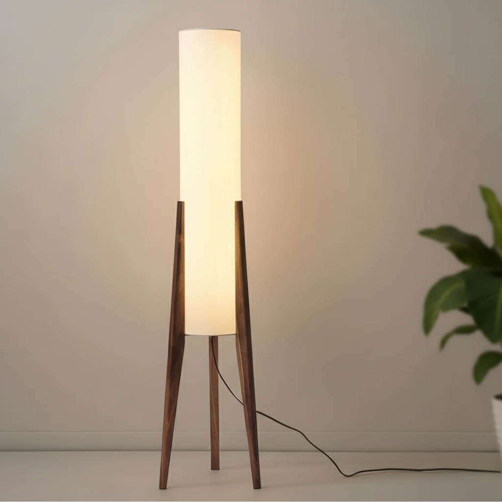 Lámpara de pie moderna nogal, estilo nórdico retro, para sala de estar. Iluminación LED regulable.