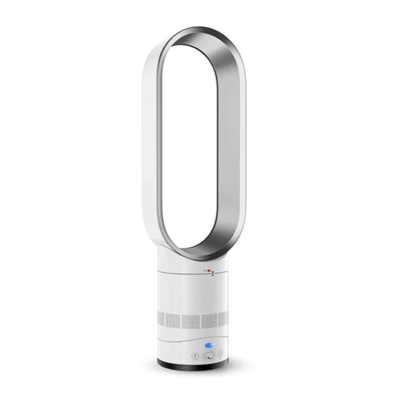 Ventilador de torre sin aspas con calefacción, ideal para climatizar el hogar con eficiencia energética todo el año.