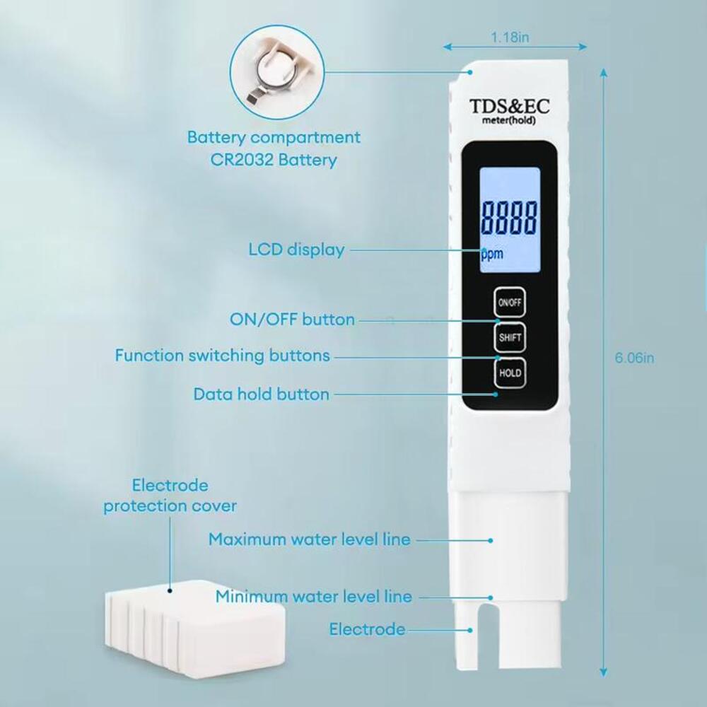 Tester de agua portátil digital para medir TDS, EC y temperatura. Ideal para filtros, purificadores y sistemas de hidroponía.