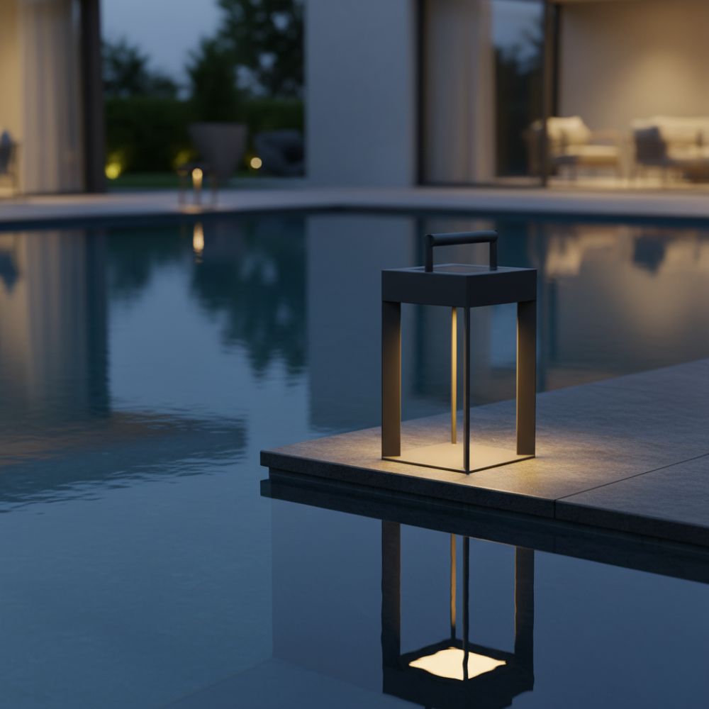 Farol solar LED para jardín, con energía renovable, control remoto y diseño impermeable.