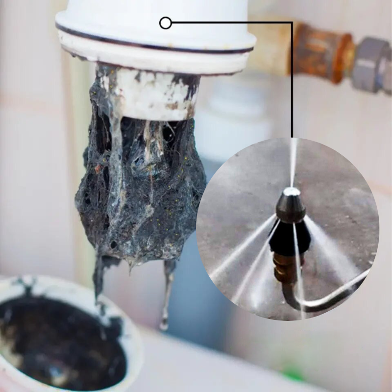 Boquilla de limpieza de tuberías de acero inoxidable. Alta presión para desatascar eficazmente alcantarillas y desagües.