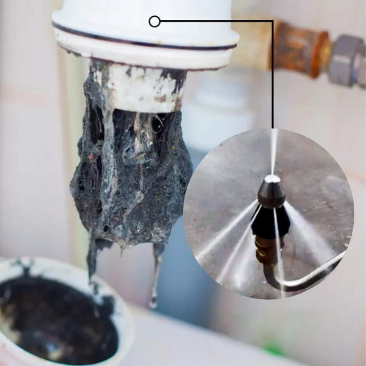 Boquilla de limpieza de tuberías de acero inoxidable. Alta presión para desatascar eficazmente alcantarillas y desagües.