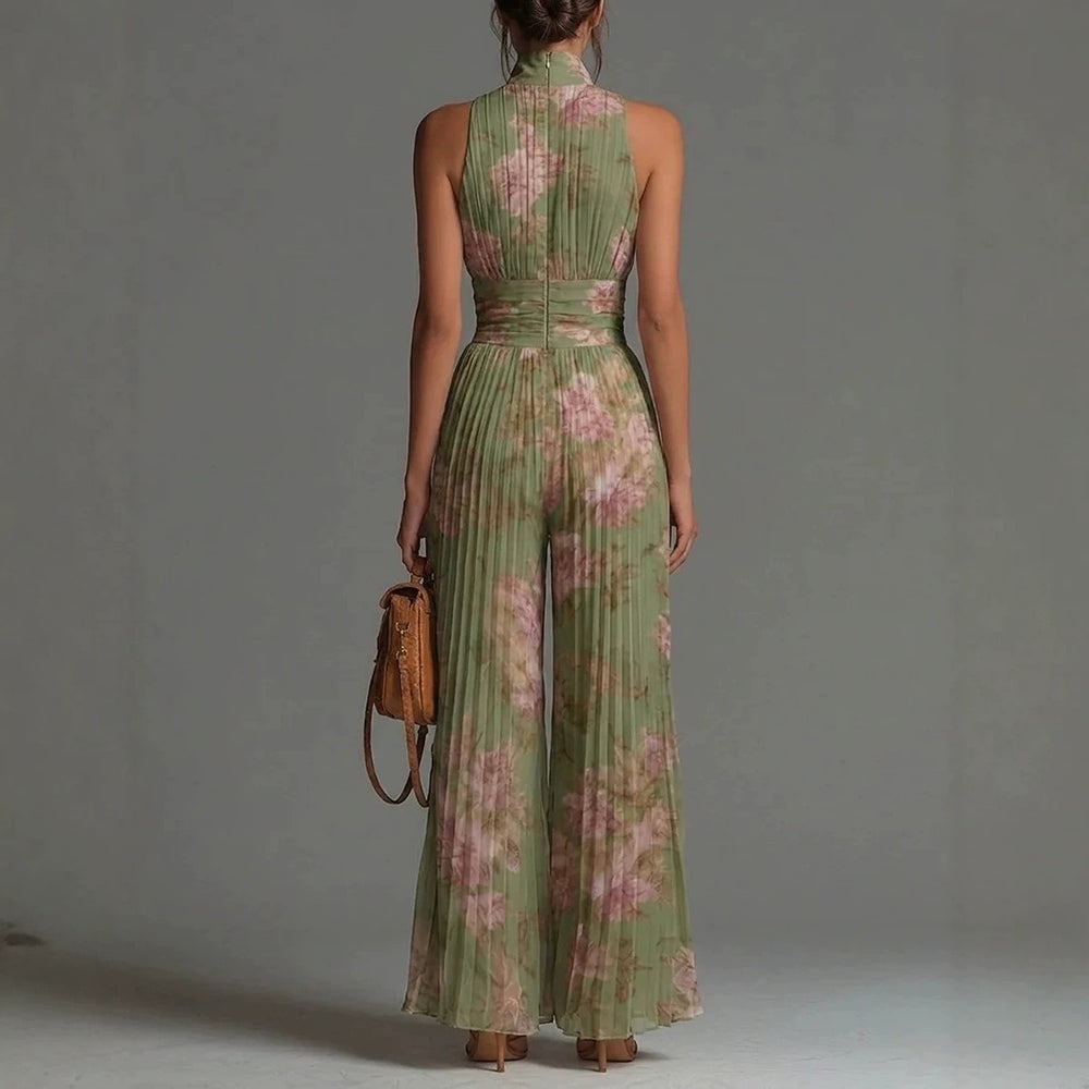 Jumpsuit de mujer plisado, escote V profundo y piernas anchas. Ideal para eventos y outfits formales.