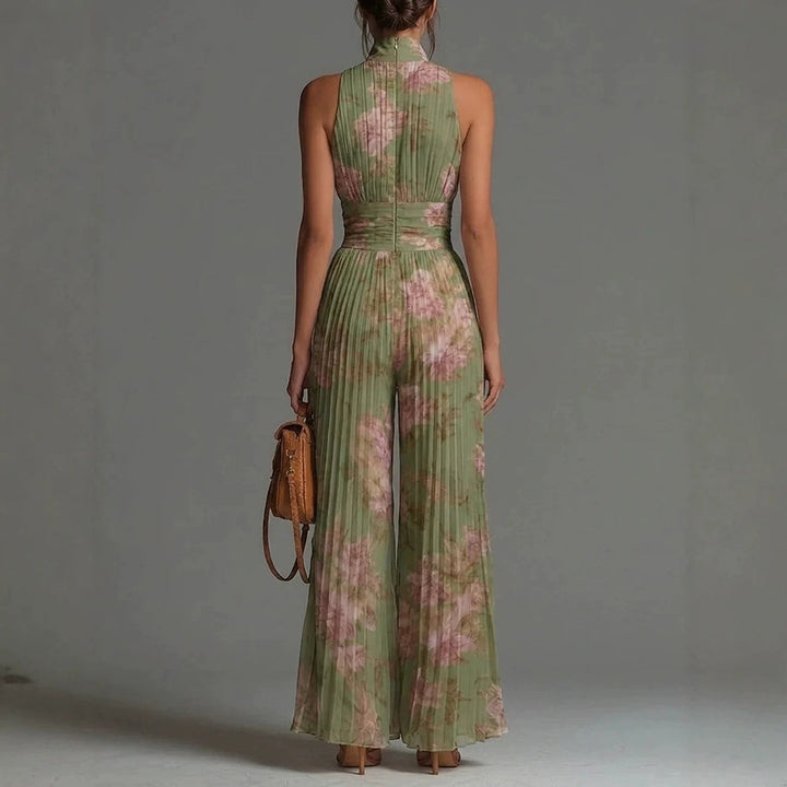Jumpsuit de mujer plisado, escote V profundo y piernas anchas. Ideal para eventos y outfits formales.