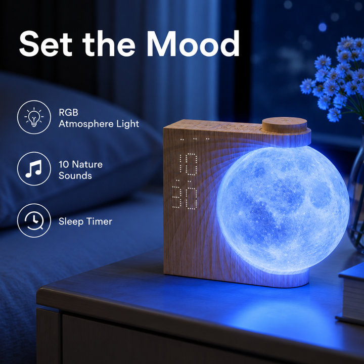 Lámpara de mesita con luz LED y reloj despertador. Diseño elegante para decoración del hogar moderno.
