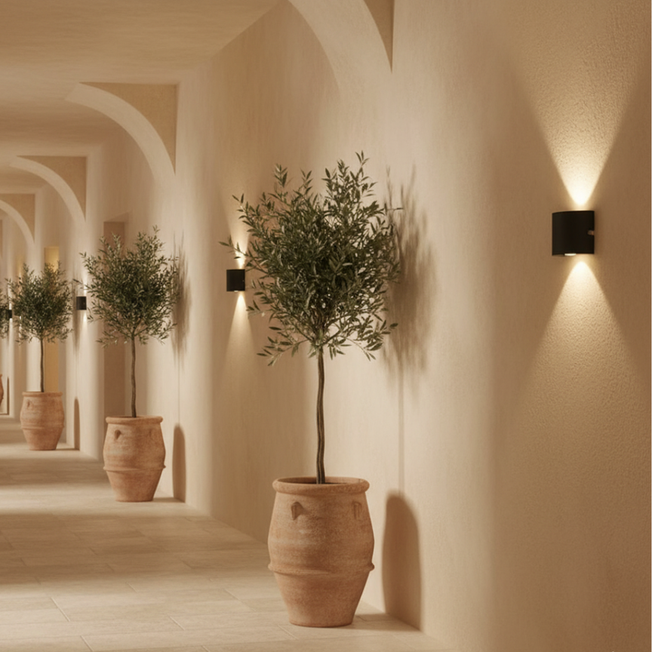 Iluminación LED de jardín estilo arco, eficiencia energética, decoración exterior, luz moderna.
